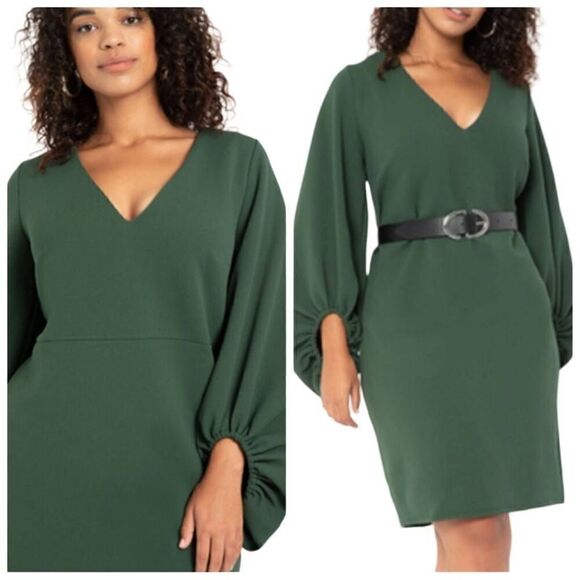 Eloquii Green Balloon Sleeves V Neck Dress Size 24 - Picture 1 of 11